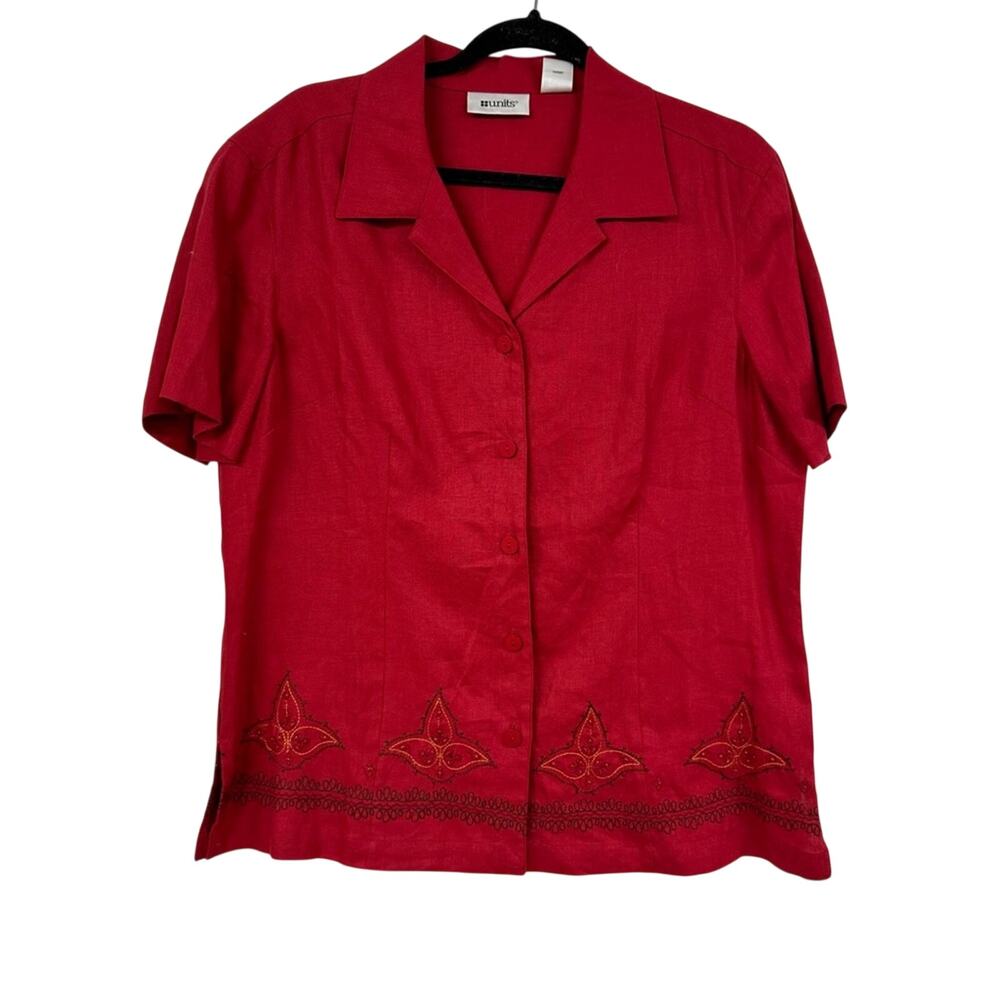 Vintage Red Linen Two Peice Set Wide Leg Pants Short Sleeve Button Down Shirt L